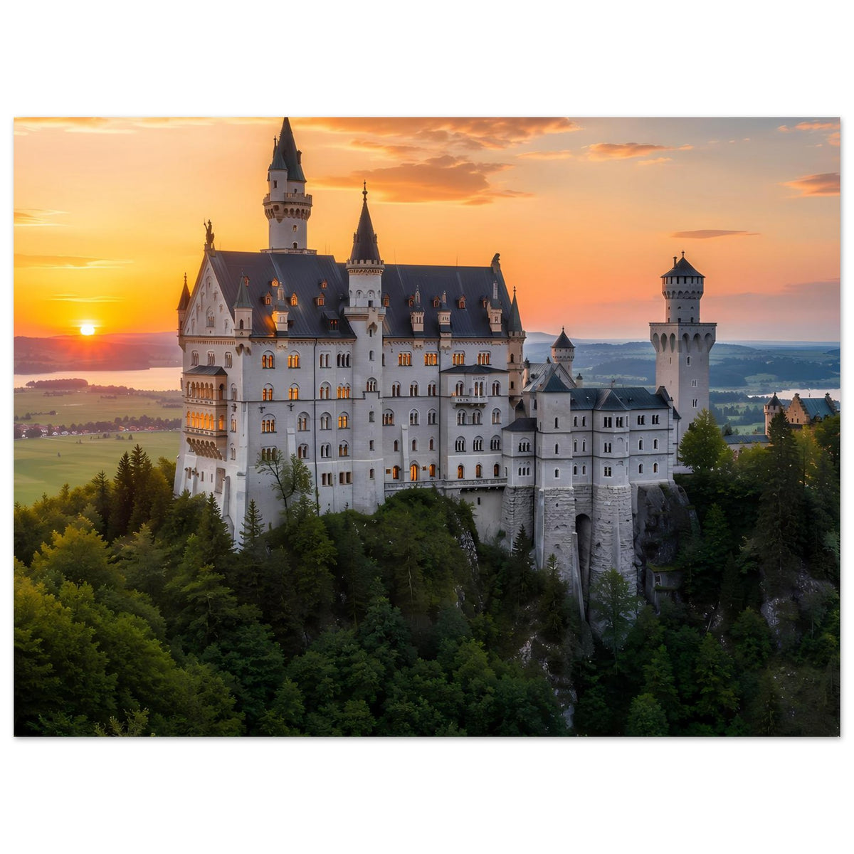 Kunstposter mit Schloss im Sonnenuntergang, Panoramaansicht mit Wald und hellem Himmel