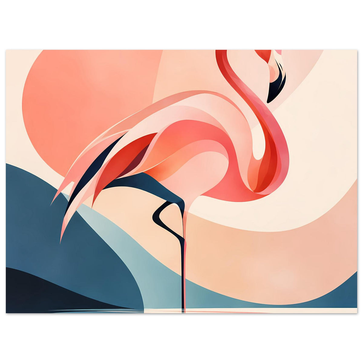 Kunstdruck im Detailausschnitt: roter Flamingo neben türkisblauen Bergformen und weißen Linien
