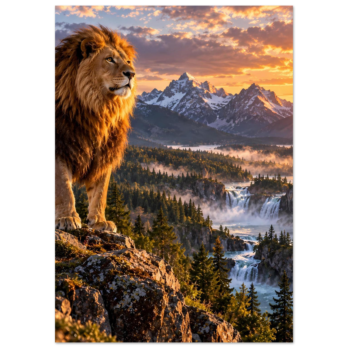 Poster im Hochformat mit Löwe, dichten Nadelbäumen, Bergen und goldenem Sonnenaufgang
