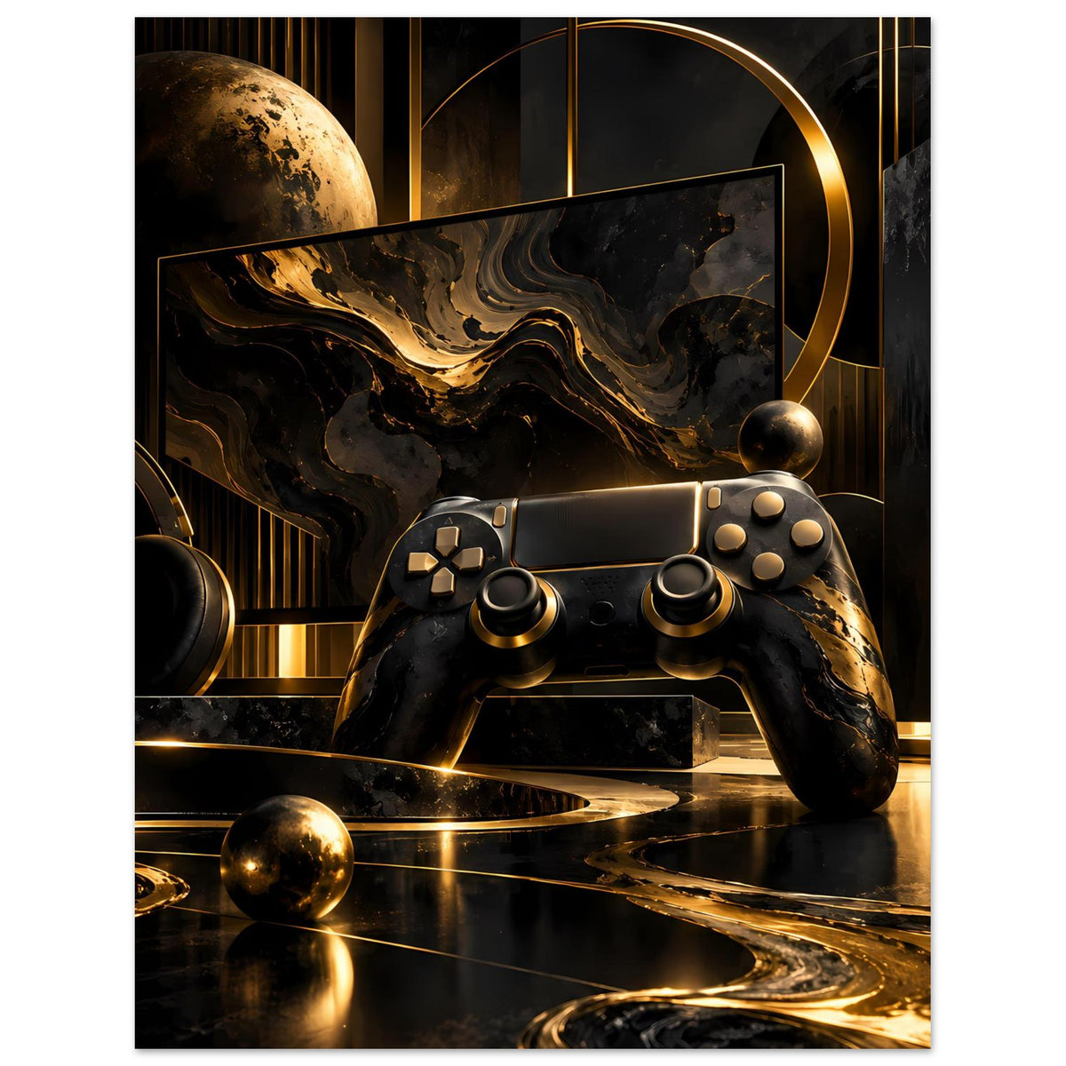 Gaming-Poster: Gamecontroller in Schwarz und Gold mit goldenen Konturen und dunklen Wirbeln