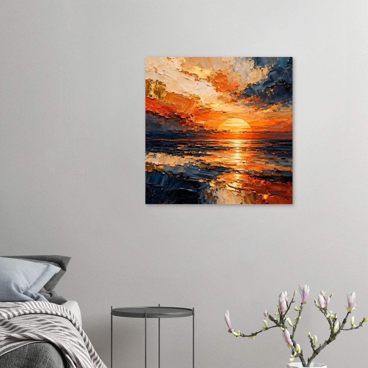 Kleines Abstraktes Sonnenuntergangs-Meer-Poster im Querformat, orange und blau mit runder Sonne