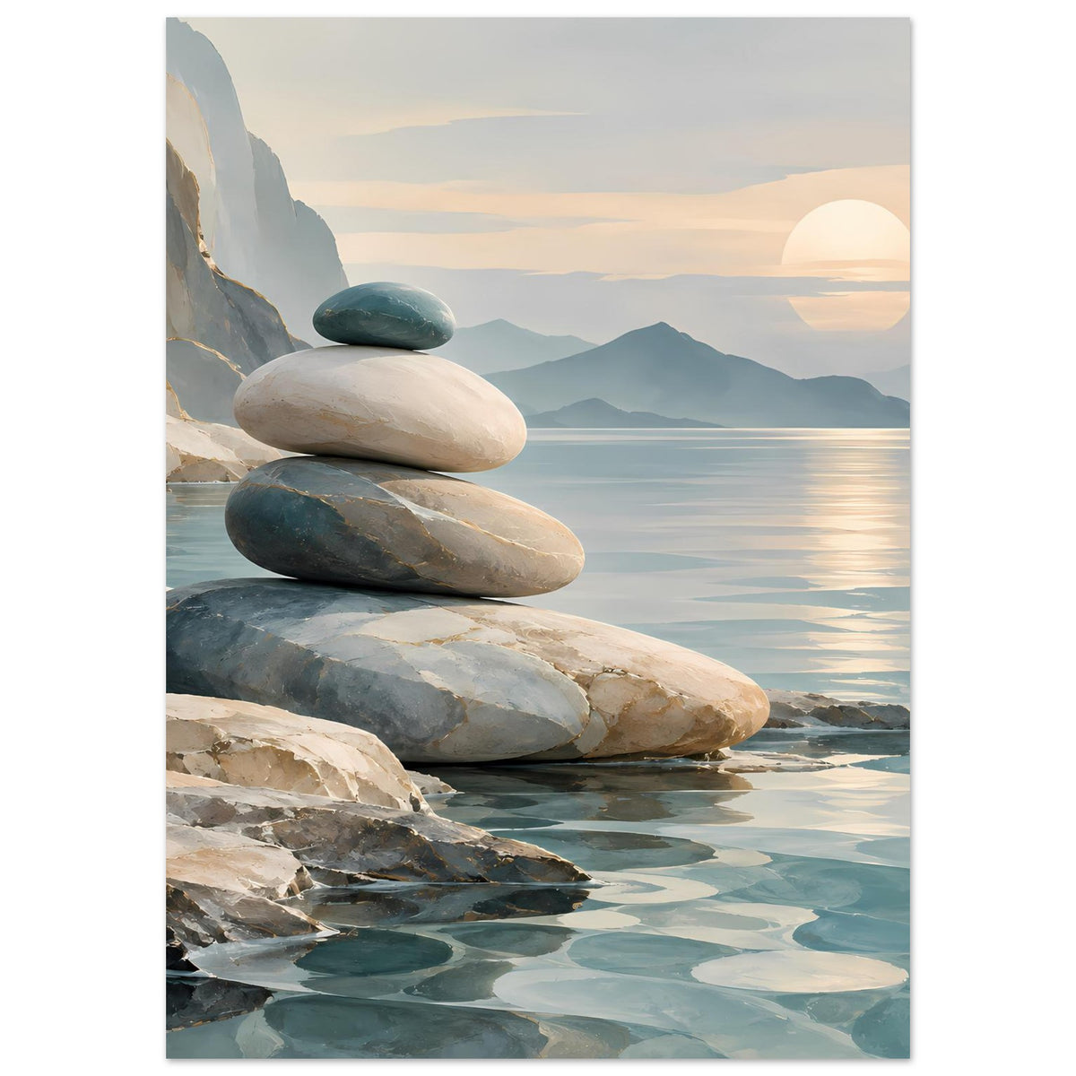 Wandposter mit Steinstapel am Meer, ruhige Himmel‑ und Wasserfarben in Pastell