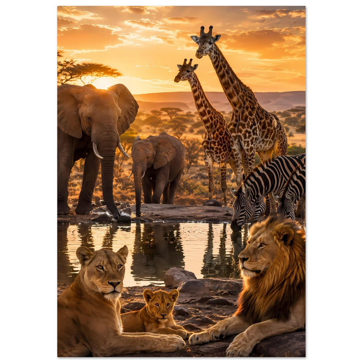 Wildtier-Sonnenuntergangsposter mit Löwen, Elefanten, Giraffen und Zebras, vertikal