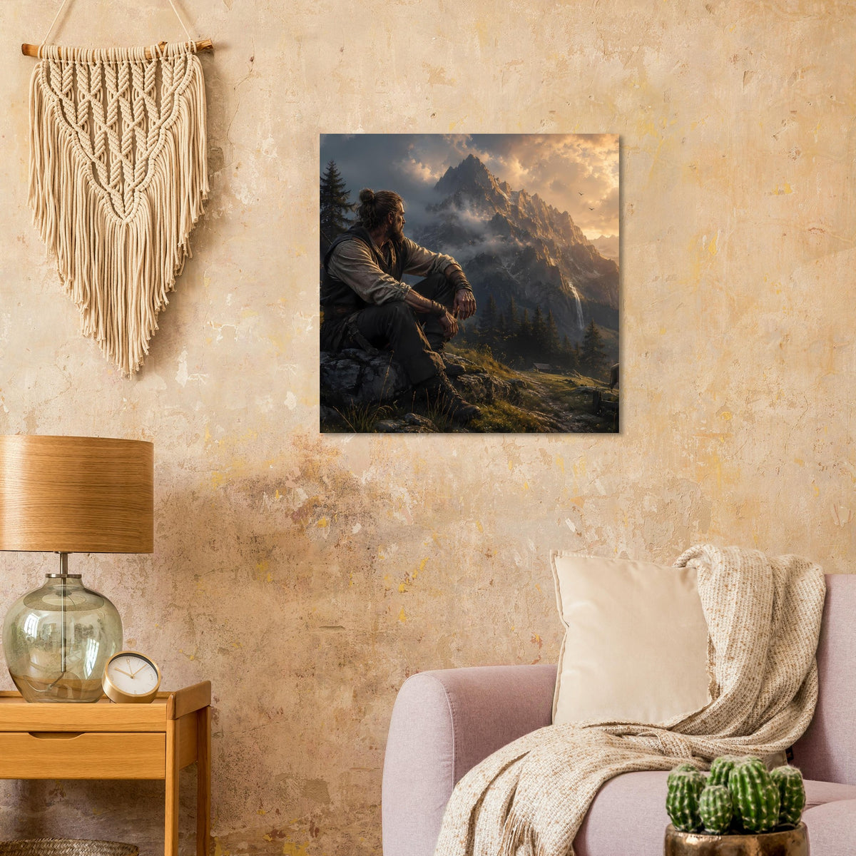 Poster mit sitzendem Mann im Gebirge und Bergpanorama mit warmem Licht