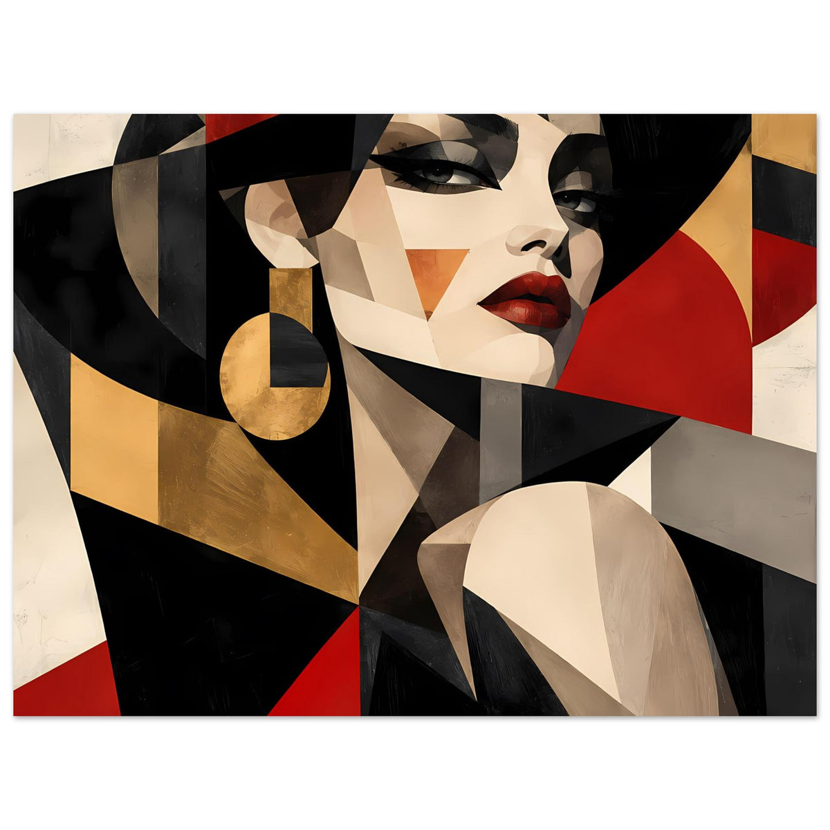 Kubistisches Porträtbild einer Frau, geometrisch in Rot, Schwarz und Gold, goldener Rahmen