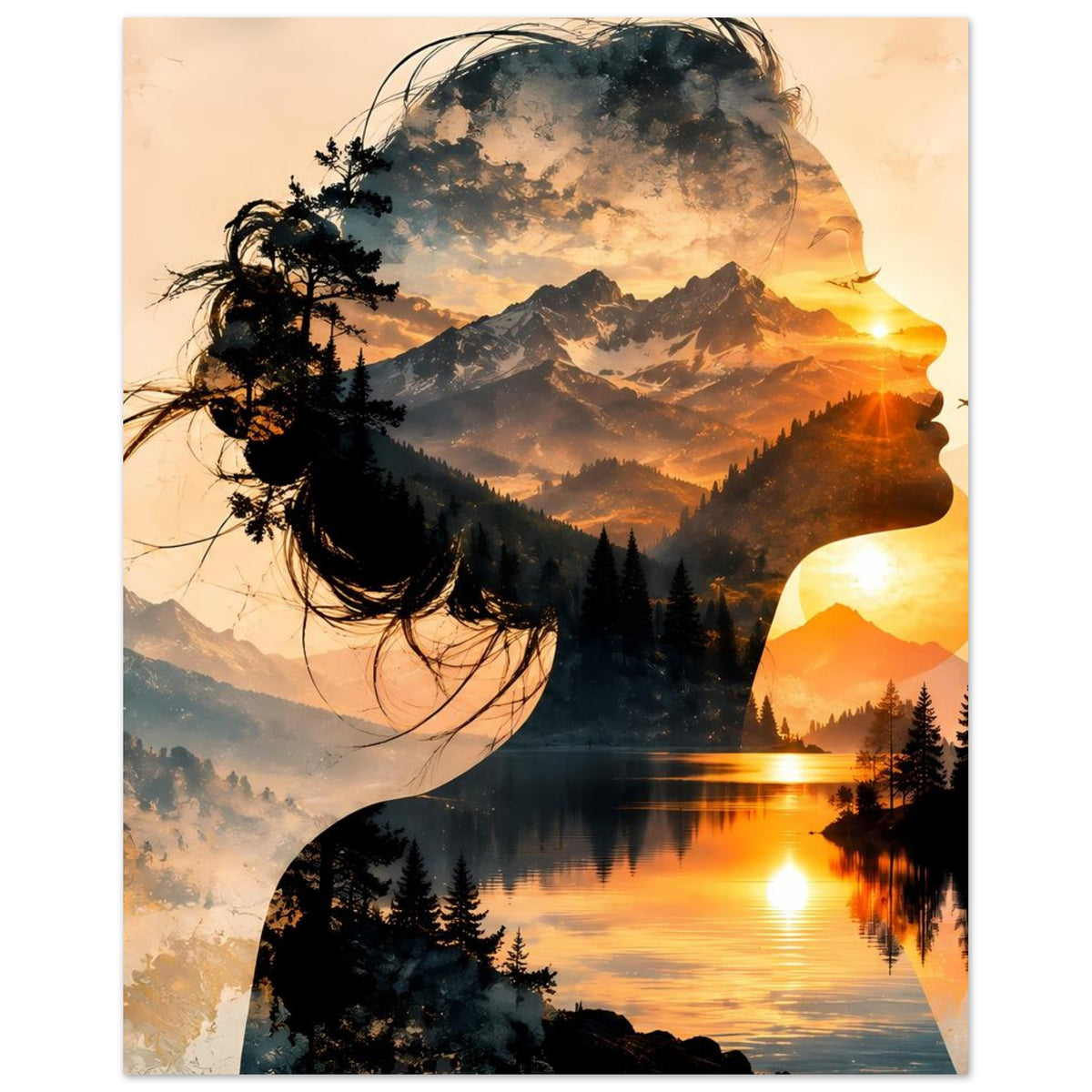 Doppelbelichtungs-Poster mit Frauensilhouette über Bergkette, See und Sonnenuntergang