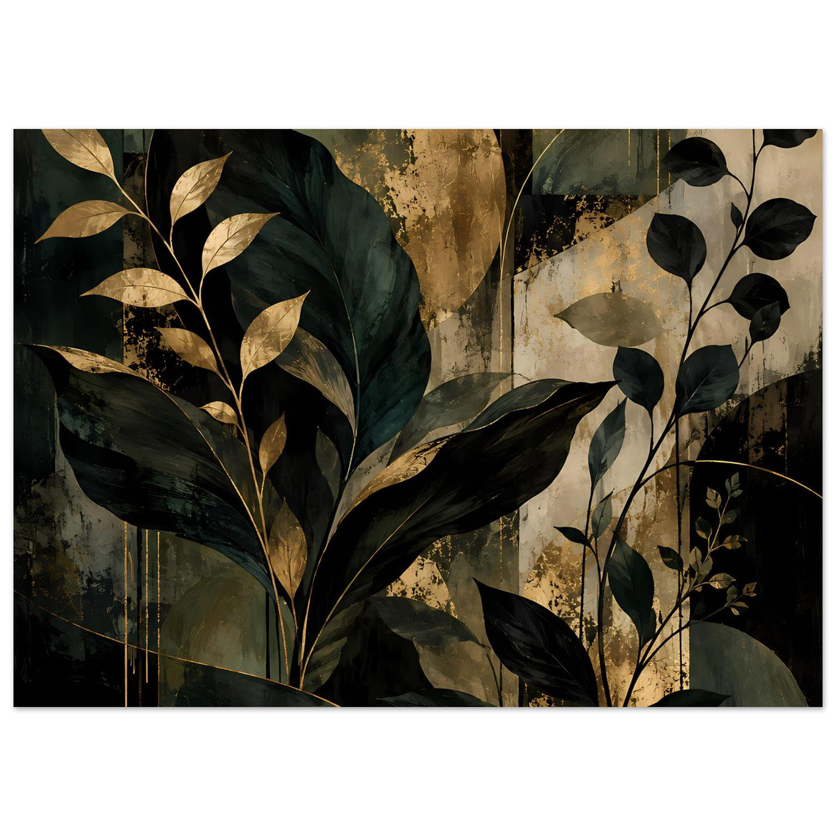 Kunstposter mit Blättern, dunkelgrünem Laub und goldenen Akzenten auf hellem Hintergrund