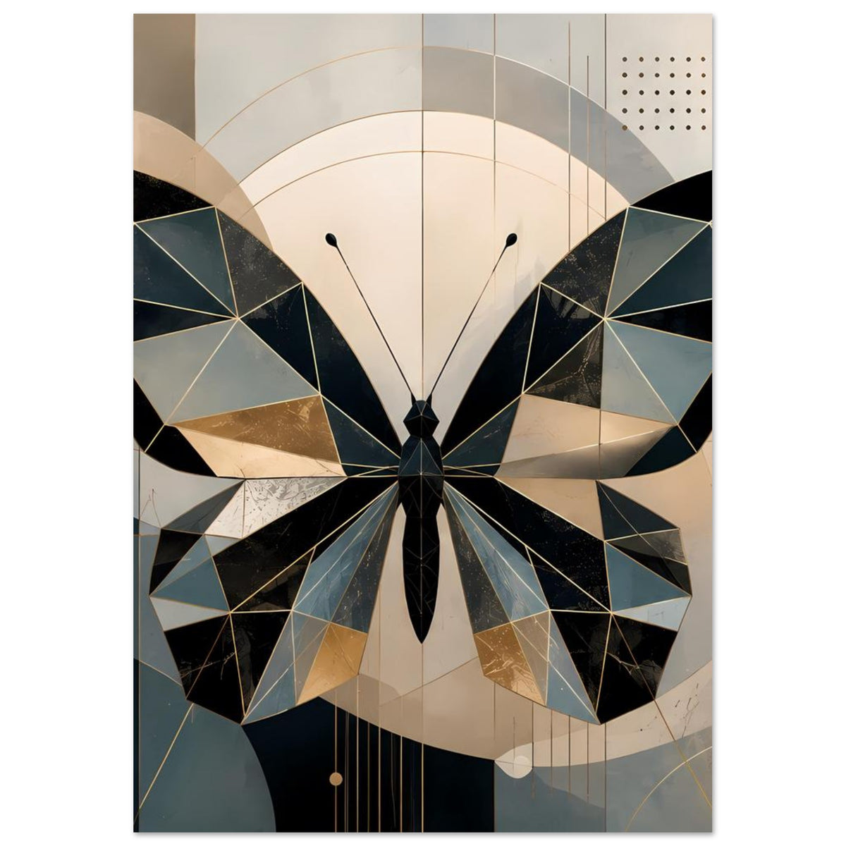 Poster im Rahmen mit geometrischem Schmetterling in Petrol, Gold und beigen Hintergründen