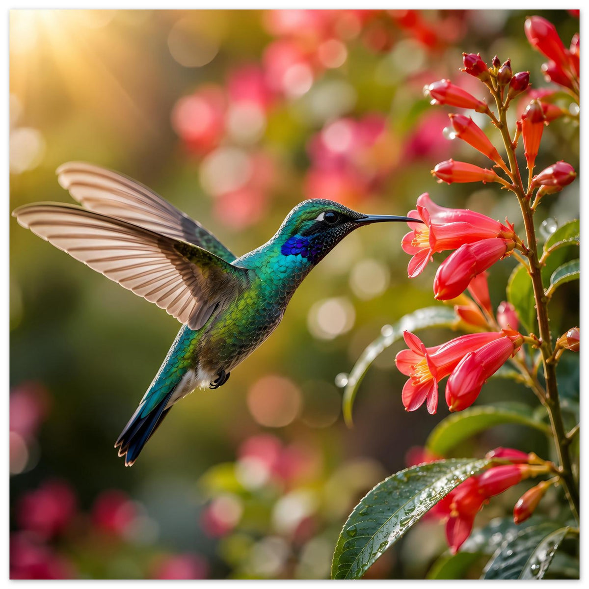 Poster: Kolibri mit ausgebreiteten Flügeln und roten Blüten