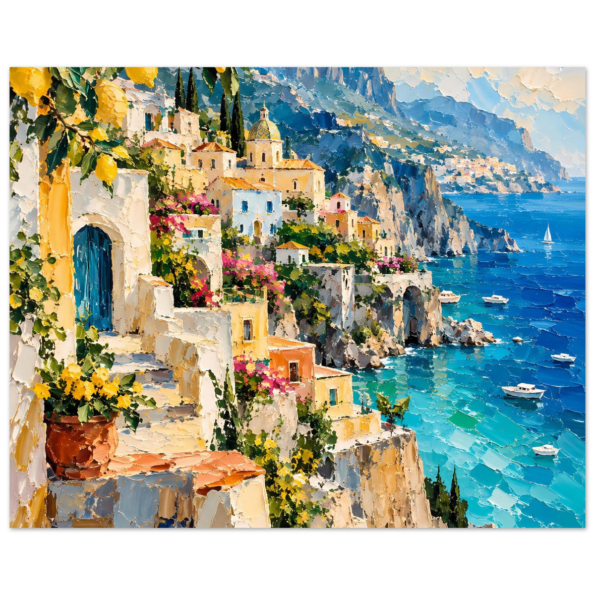 Horizontales Poster mit Küstenstadt, Blumen an Balkonen, türkisblaues Meer und Boote