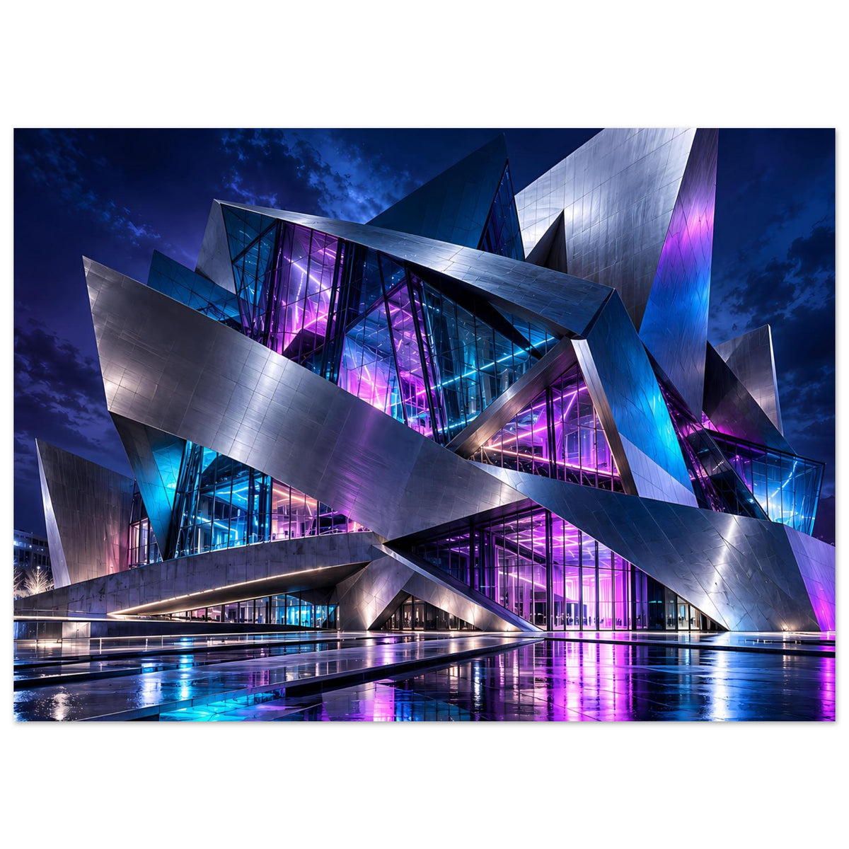 Futuristisches Architekturposter mit breiten Metallbalken, blauem Neon und violetten Fenstern