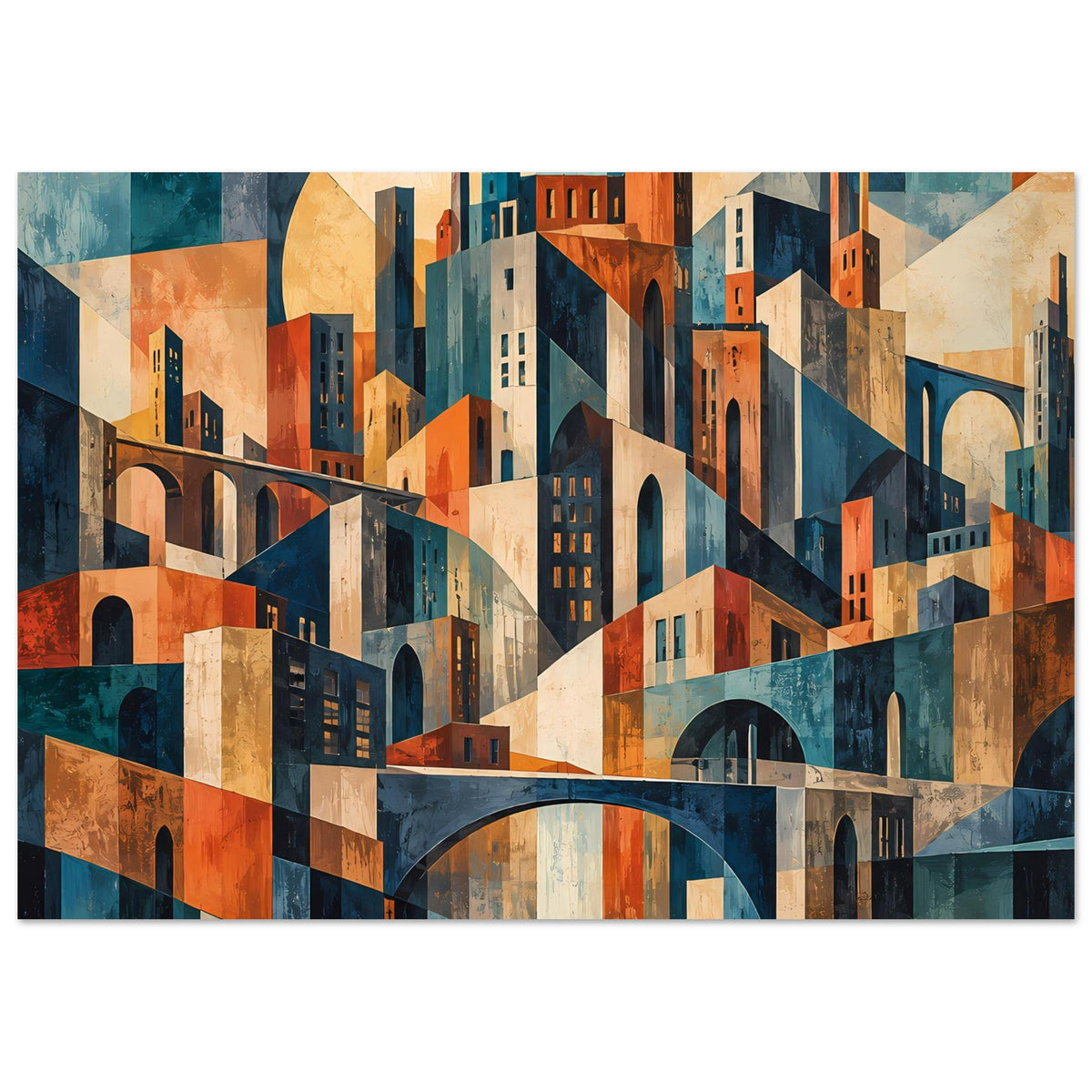 Geometrisches Stadtbild-Poster mit Brückenbogen und Gebäuden in warmen Blau-Orange-Tönen