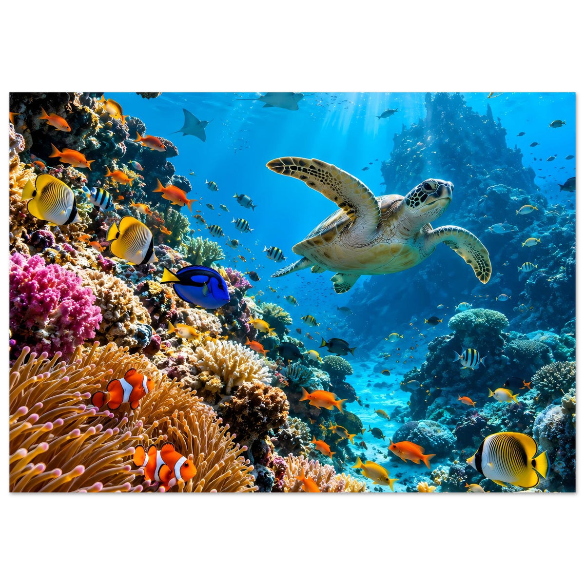 Horizontales Poster Korallenriff: Schildkröte, viele Fische und blaues Lichtstrahlen-Motiv.