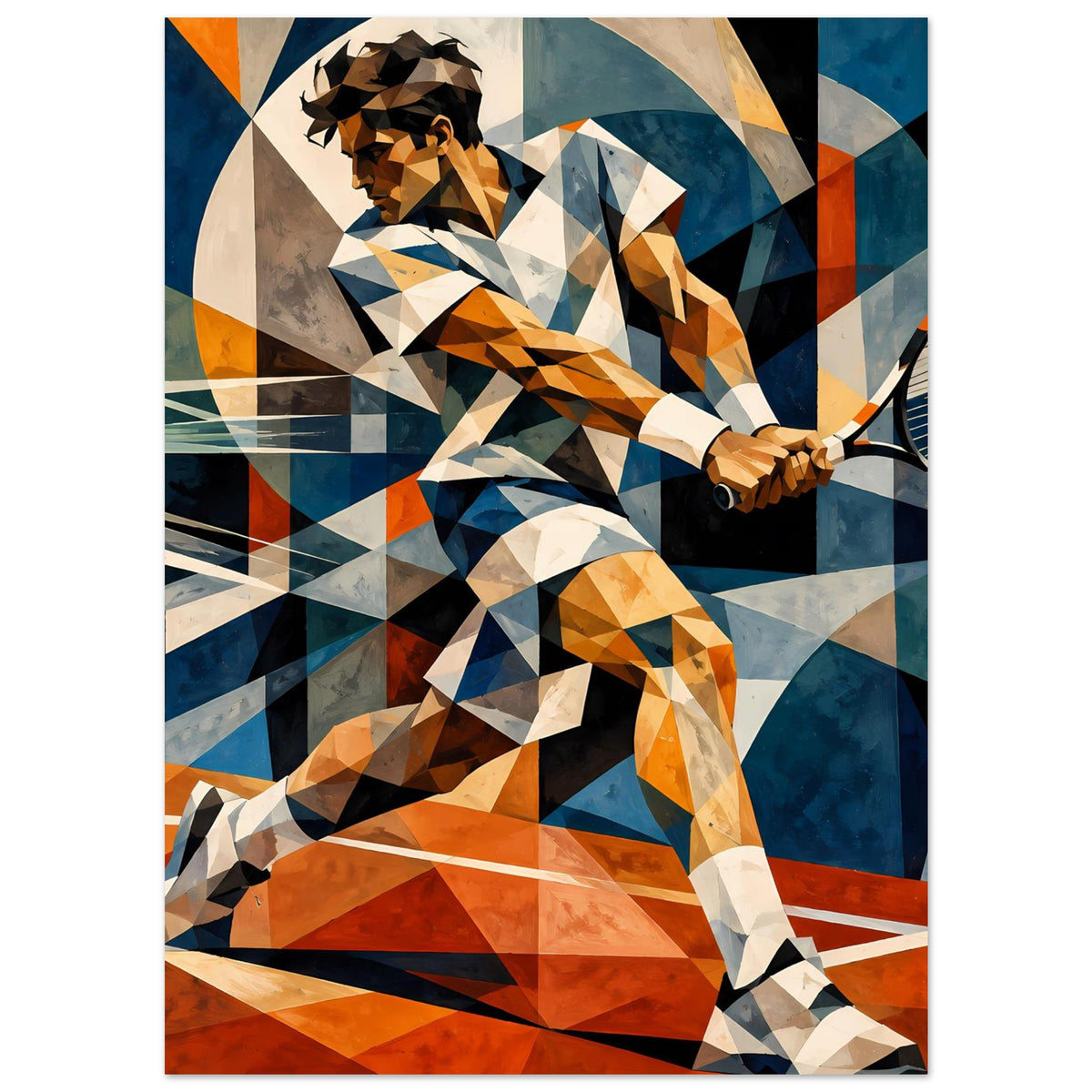 Tennis-Action-Kunstposter: Low-Poly-Spieler, Schläger und Ball im dynamischen Farbkontrast