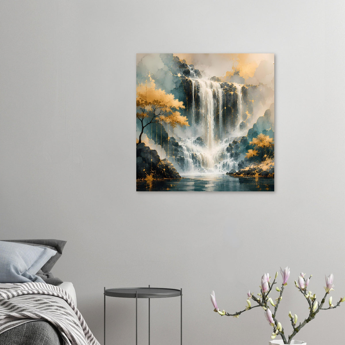 Wandposter klein montiert: Wasserfall-Motiv in Gold- und Blautönen, Felsen und See