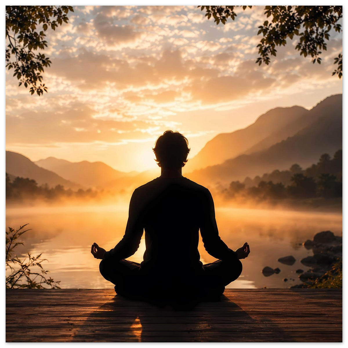 Zen-Meditationsposter Hochformat: Meditierende Silhouette vor Sonnenaufgangs-Landschaft
