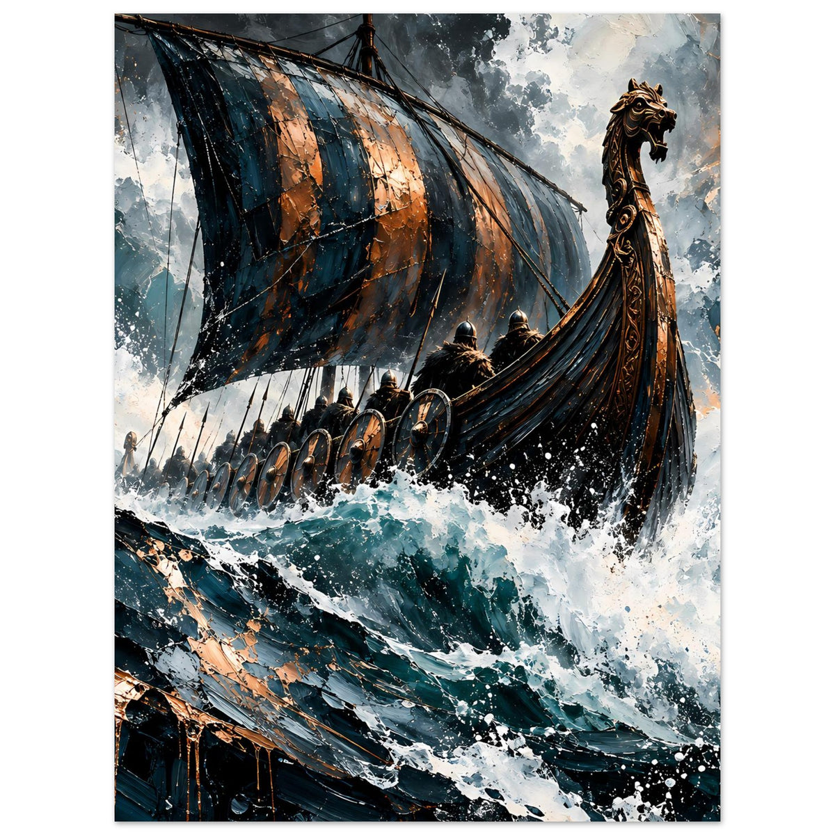 Vertikales Poster: Langschiff im Sturm, Segel im Wind, Drachenkopf-Bugfigur, Gischt und Wellen