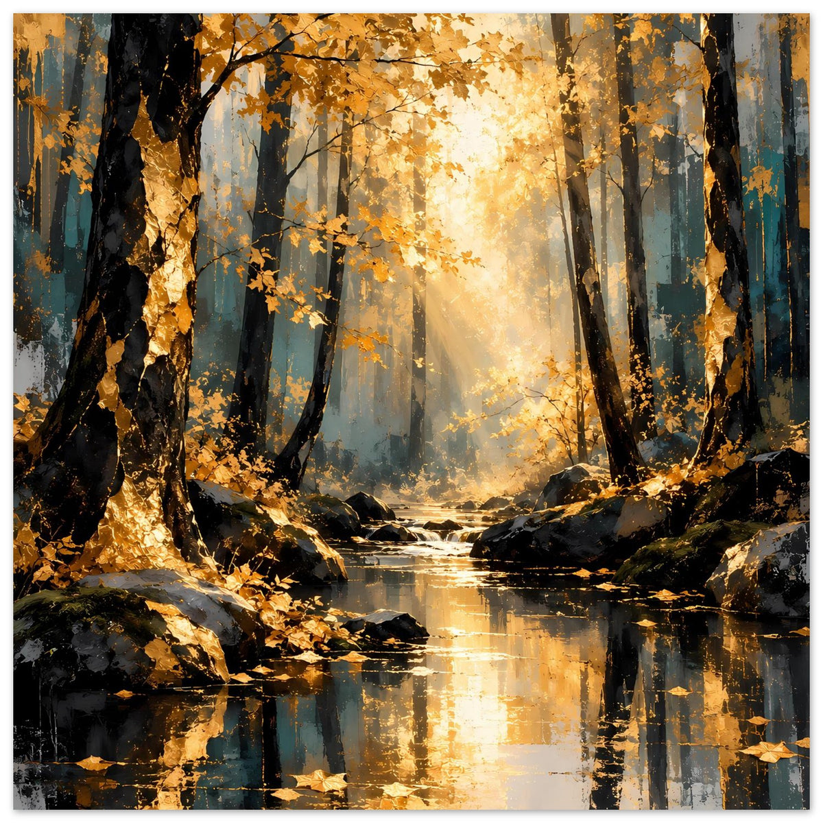 Poster Herbstwald mit Sonnenstrahlen zwischen Bäumen und goldenem Flusslicht
