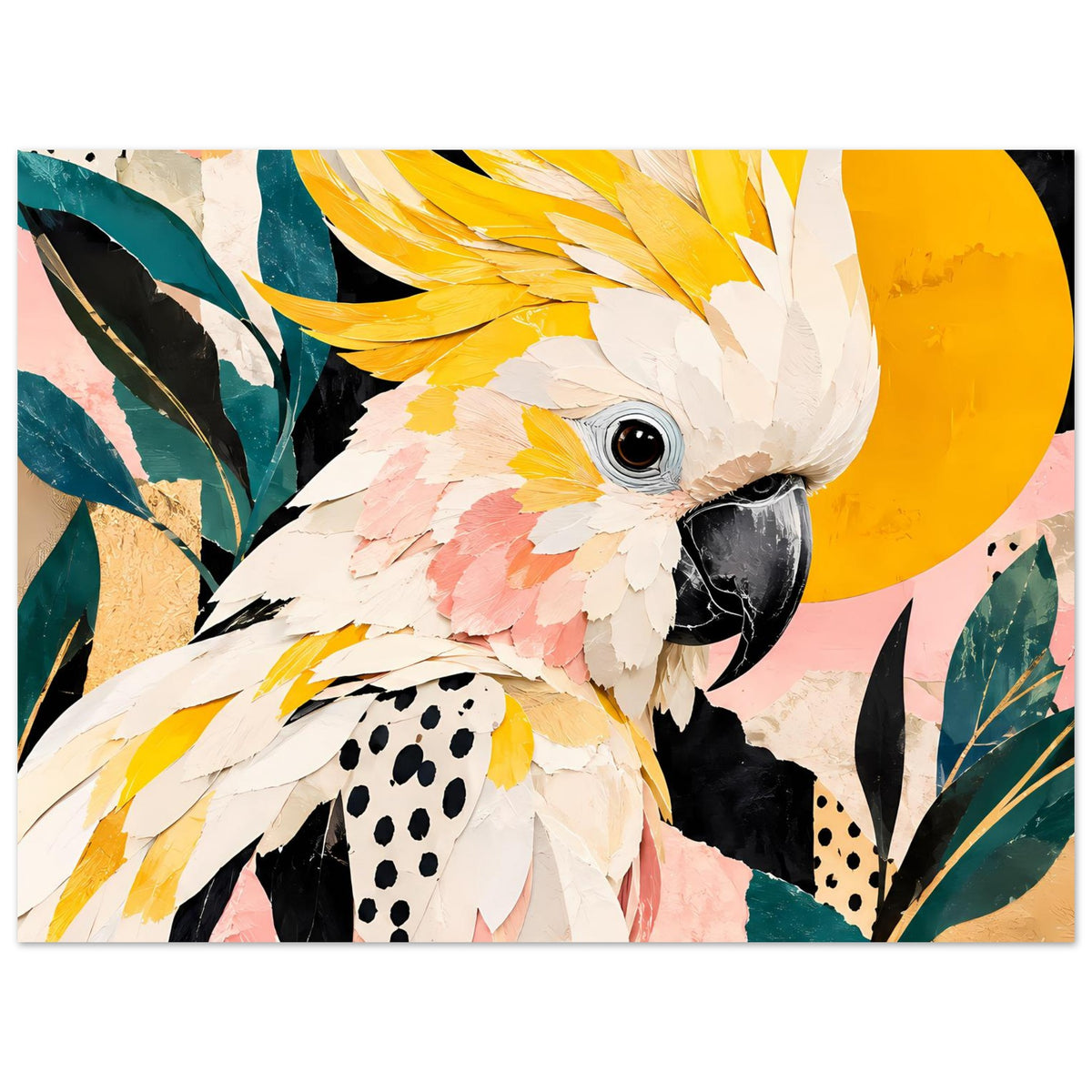 Vogelkunst-Poster Kakadu mit Tropenblättern, gelber Kreis im Hintergrund, gerahmt