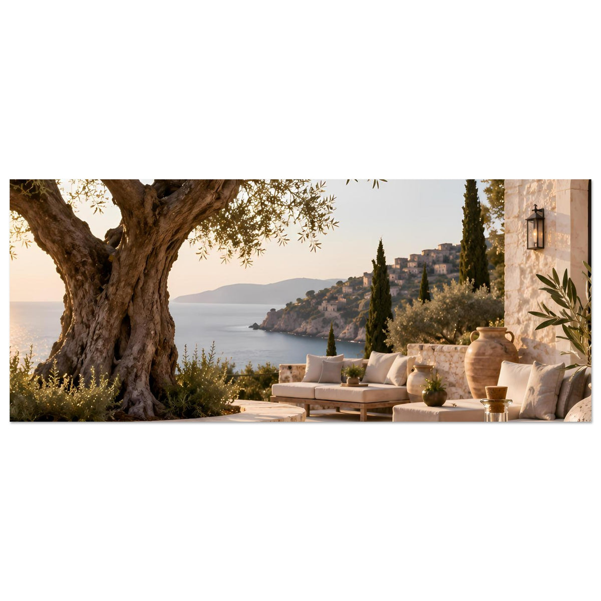 Mediterranes Poster im Querformat: Olivenbaum, Terrasse, Meer und Steinstufen