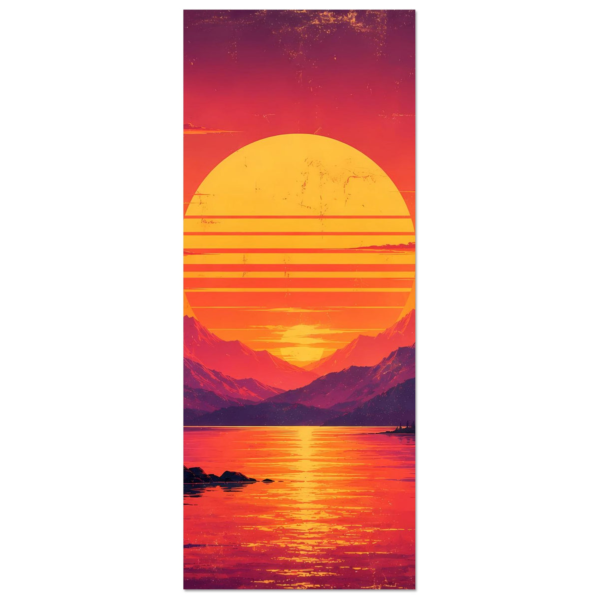 Hochformat-Poster: Sonnenuntergang über Bergsee mit gelber Sonne, Berge und Tannen