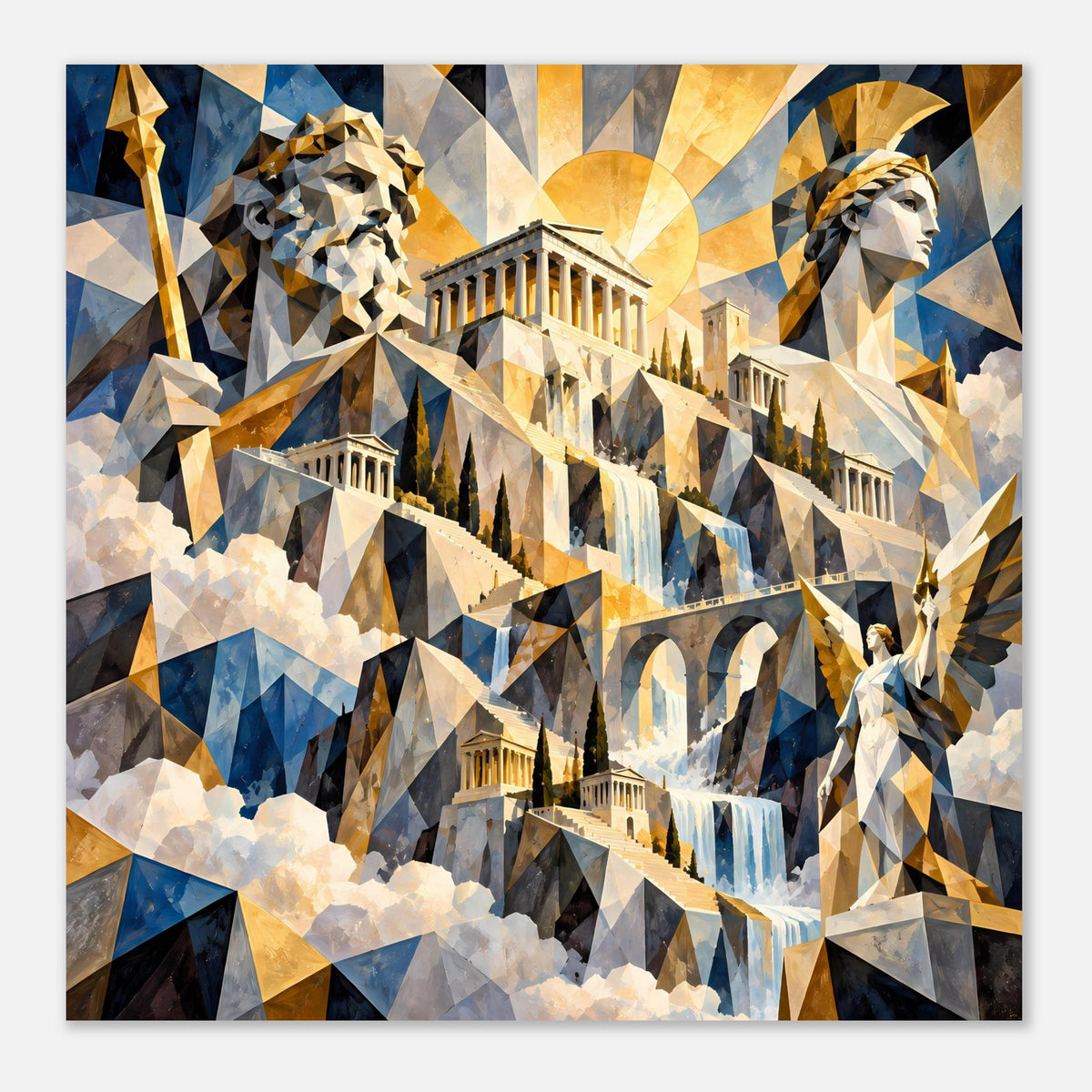 Poster mit antikem Stadtmotiv, Wasserfall, Strahlenkranz und polygonalen Formen in Blau-Gold