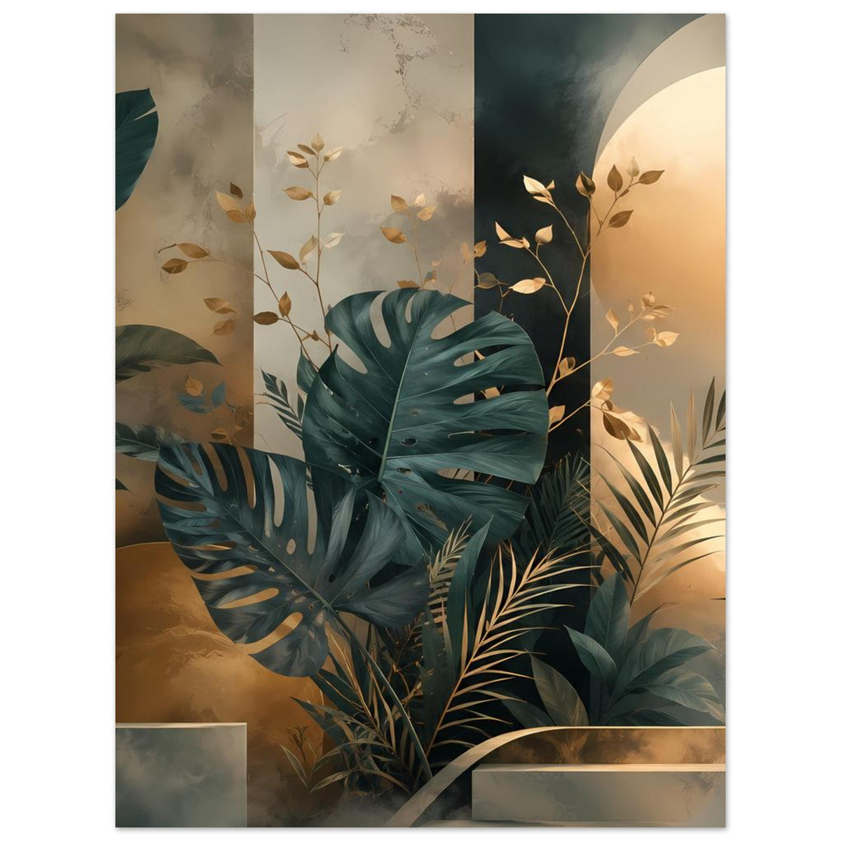 Wandposter mit Monstera und Palmblättern; goldene Zweige im Petrolgrün.