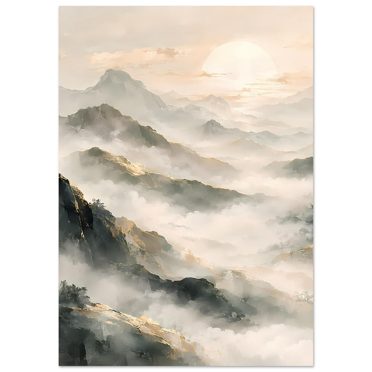 Bergpanorama-Poster, Hochformat: nebelige Täler, dunkle Felsberge, helle Himmelsnuancen.