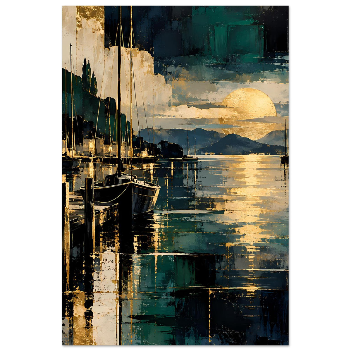 Poster mit Booten am Steg, Sonne über dem Wasser, türkis, blau und goldfarben