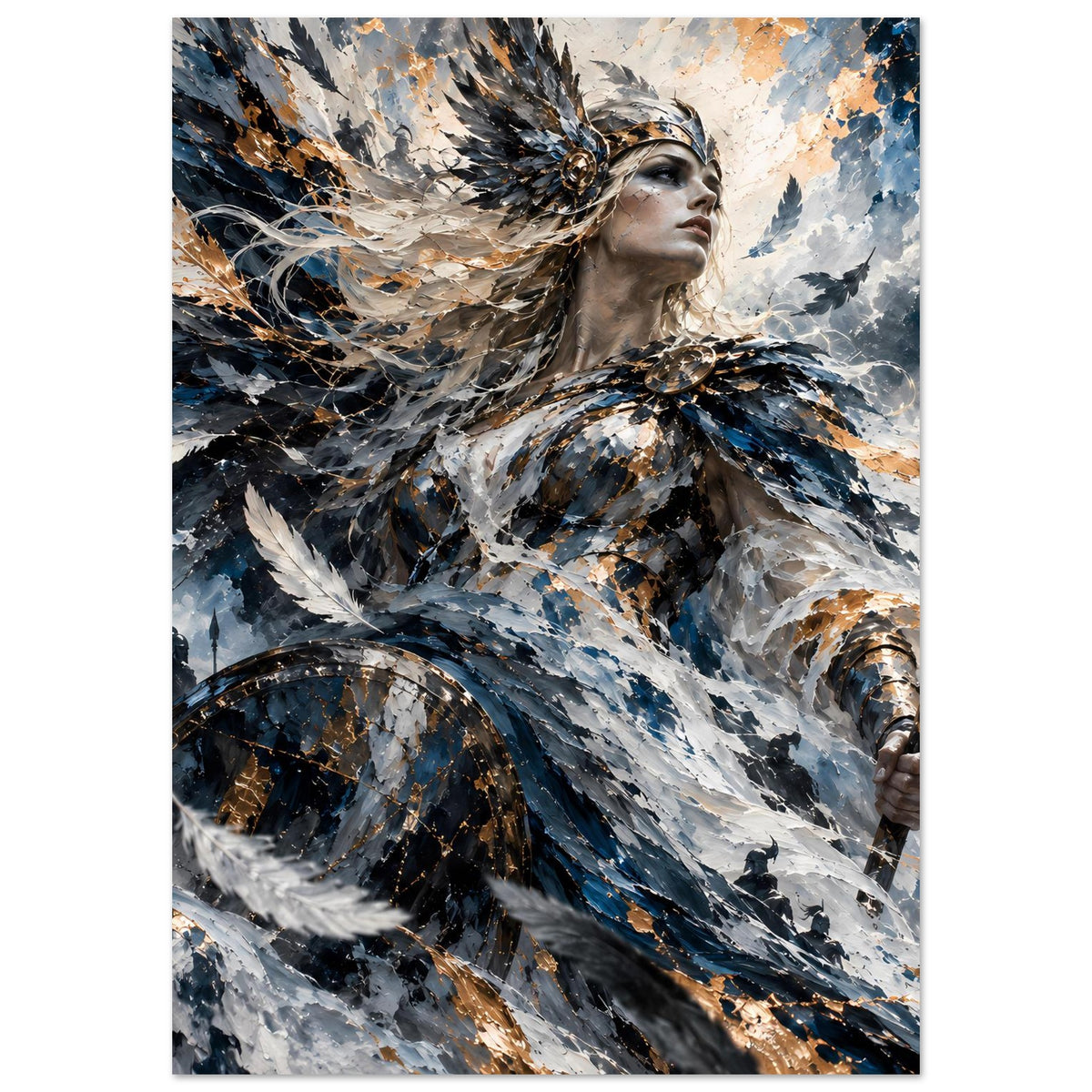 Kunstposter im Hochformat: Valkyrie-Kriegerin mit Federkleid, Schwert im Hintergrund