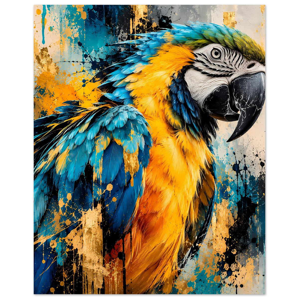 Kunstdruck Papagei in leuchtenden Farben mit detailreichem Federflügel und Kopf