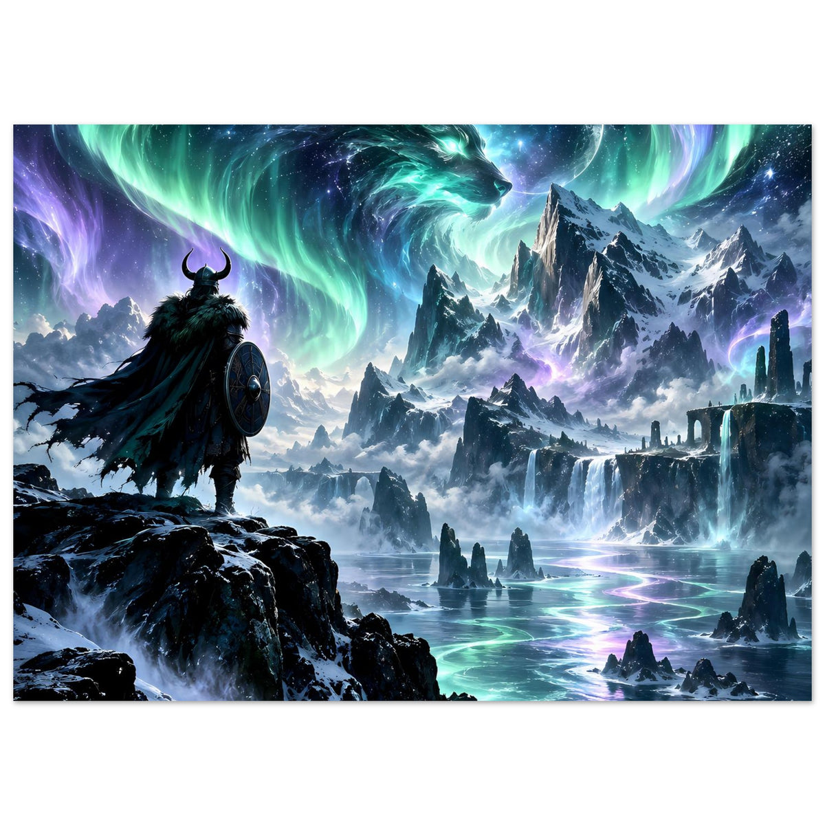 Fantasy-Poster mit Kriegerfigur, großer Drachenansicht, türkisgrünem Polarlicht und Wasserreflexen