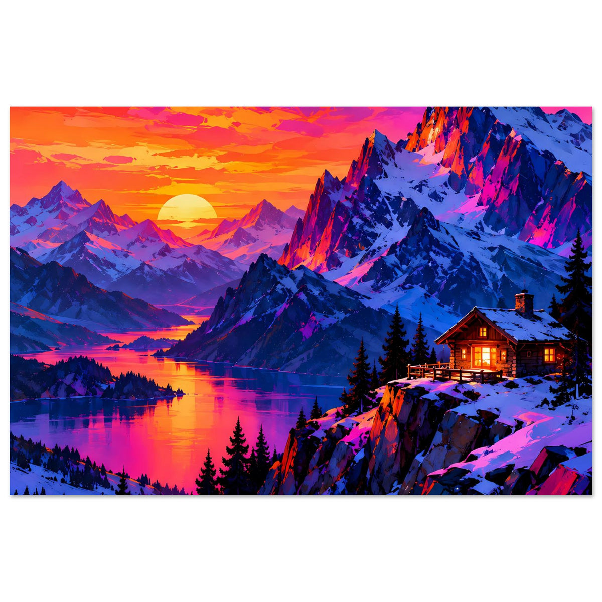 Querformat-Poster mit Bergsee, reflektierender Abendsonne und beleuchteter Hütte im Schnee