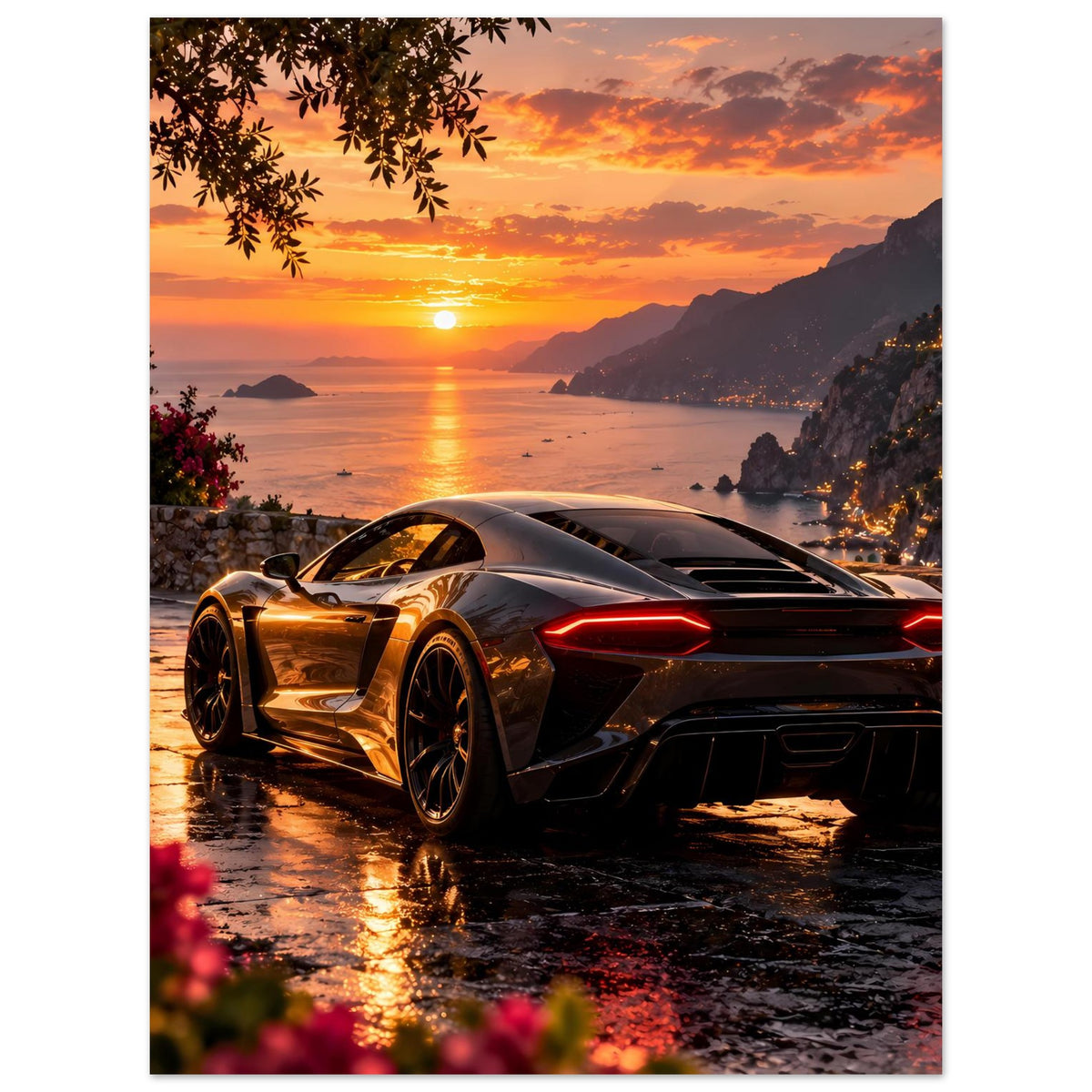 Poster mit Luxus-Sportwagen beim Sonnenuntergang, Front-3/4, rote Rücklichter, Spiegelung