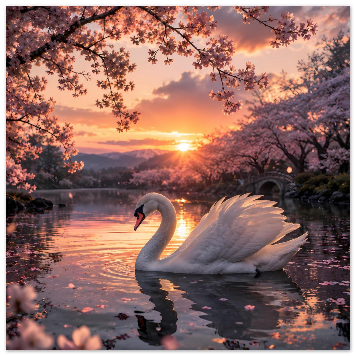 Schwan auf dem Wasser mit rotem Schnabel im Sonnenuntergang unter Kirschblüten