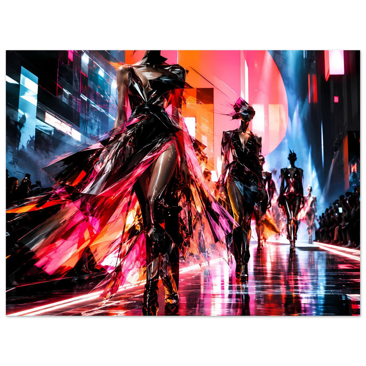 Neon-Mode-Poster mit Laufsteg-Silhouetten: vorderes Model, schwarzes Outfit mit leuchtenden Akzenten