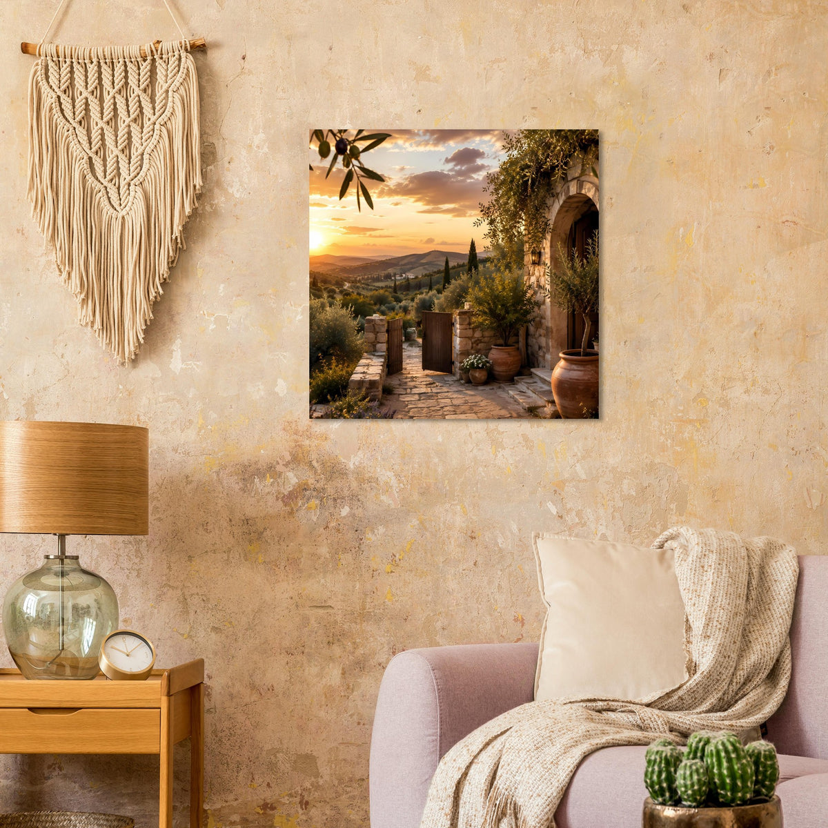 Wandposter mit Blick auf toskanische Terrasse, Sonnenuntergang über Hügeln