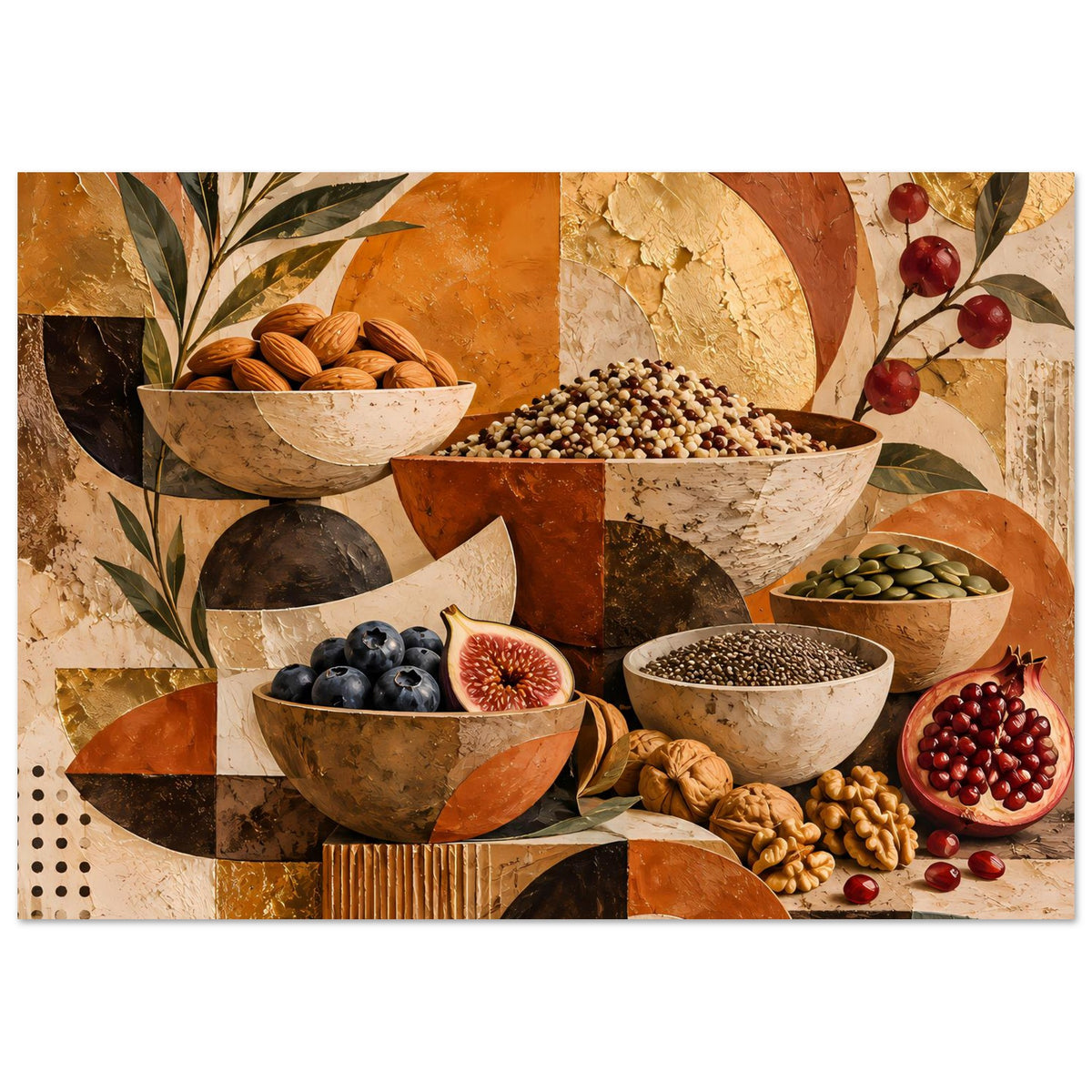 Kunstposter Stillleben: Schalen mit Nüssen und Beeren, ockerfarbene Bögen