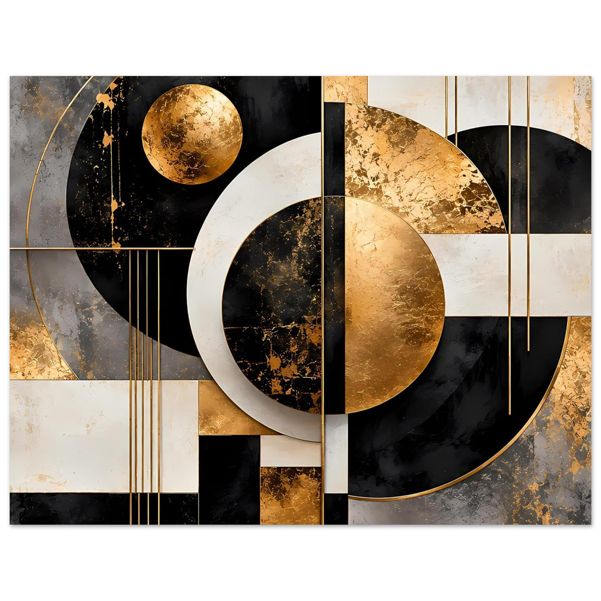 Poster mit großem gold-schwarzem Ring, cremefarbenen Rechtecken und vertikalen Linien