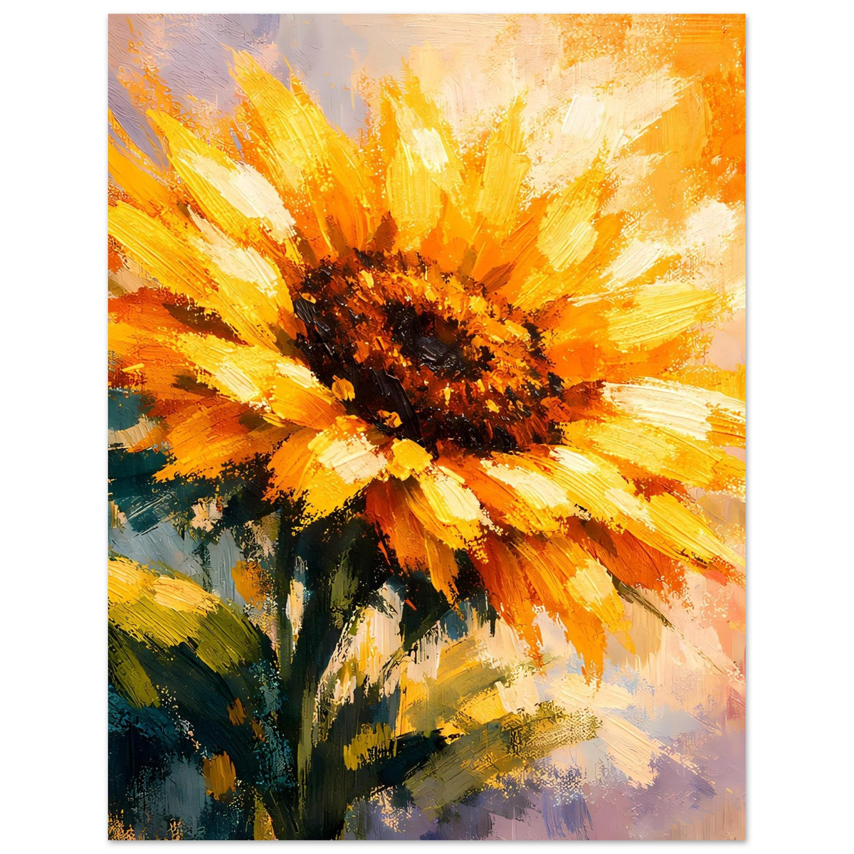 Sonnenblumen-Poster mit orange-gelber abstrakter Blüte und dunkelbraunem Zentrum