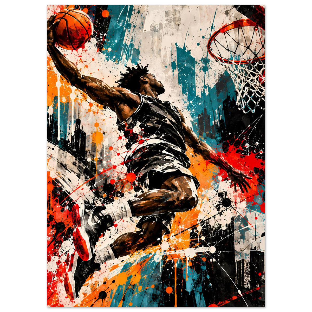 Basketball-Poster mit Spritzkunst-Design: Spieler, Basketball und Netz im Farbkontrast