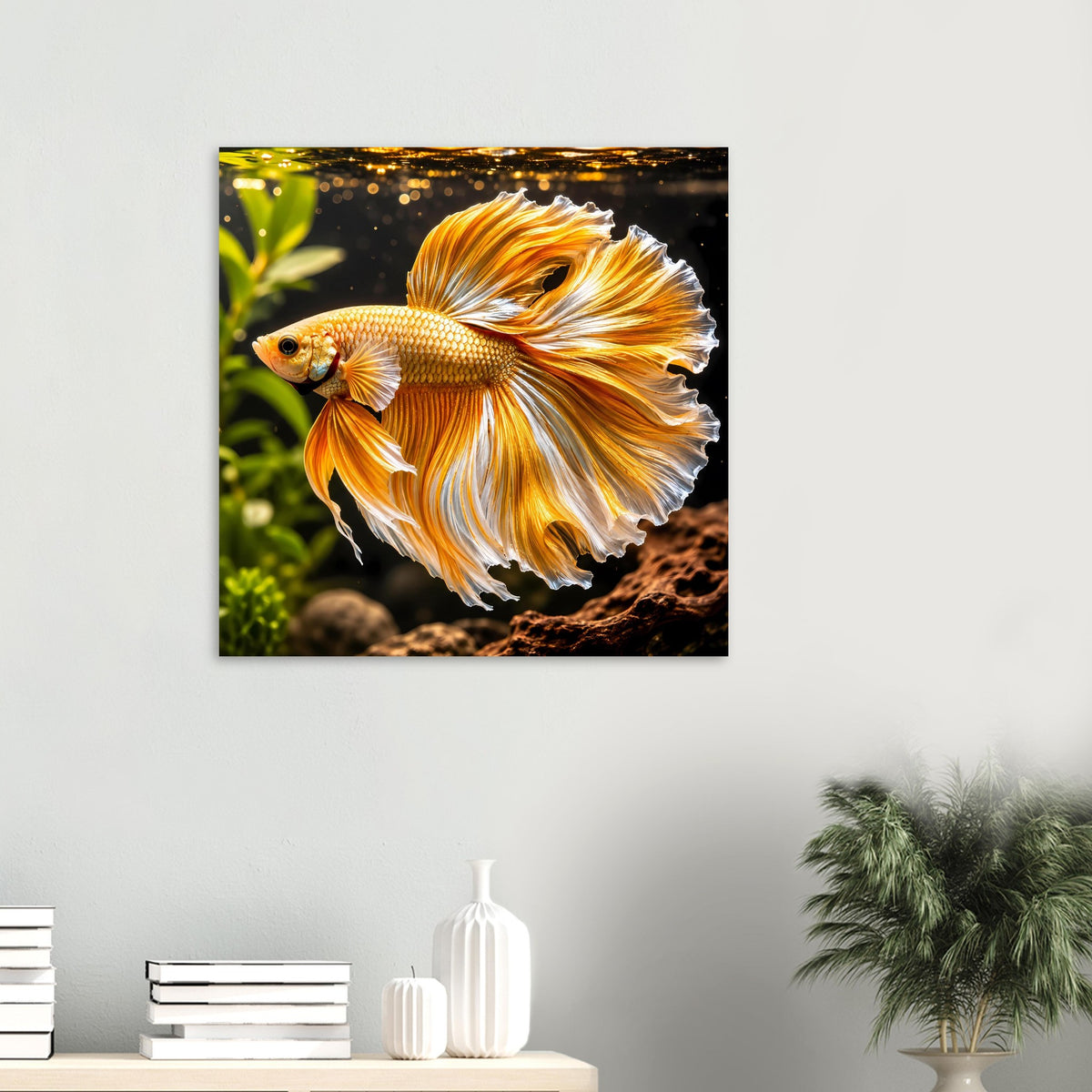 Deko-Poster an der Wand: goldfarbener Kampffisch mit orange-weißen Flossen