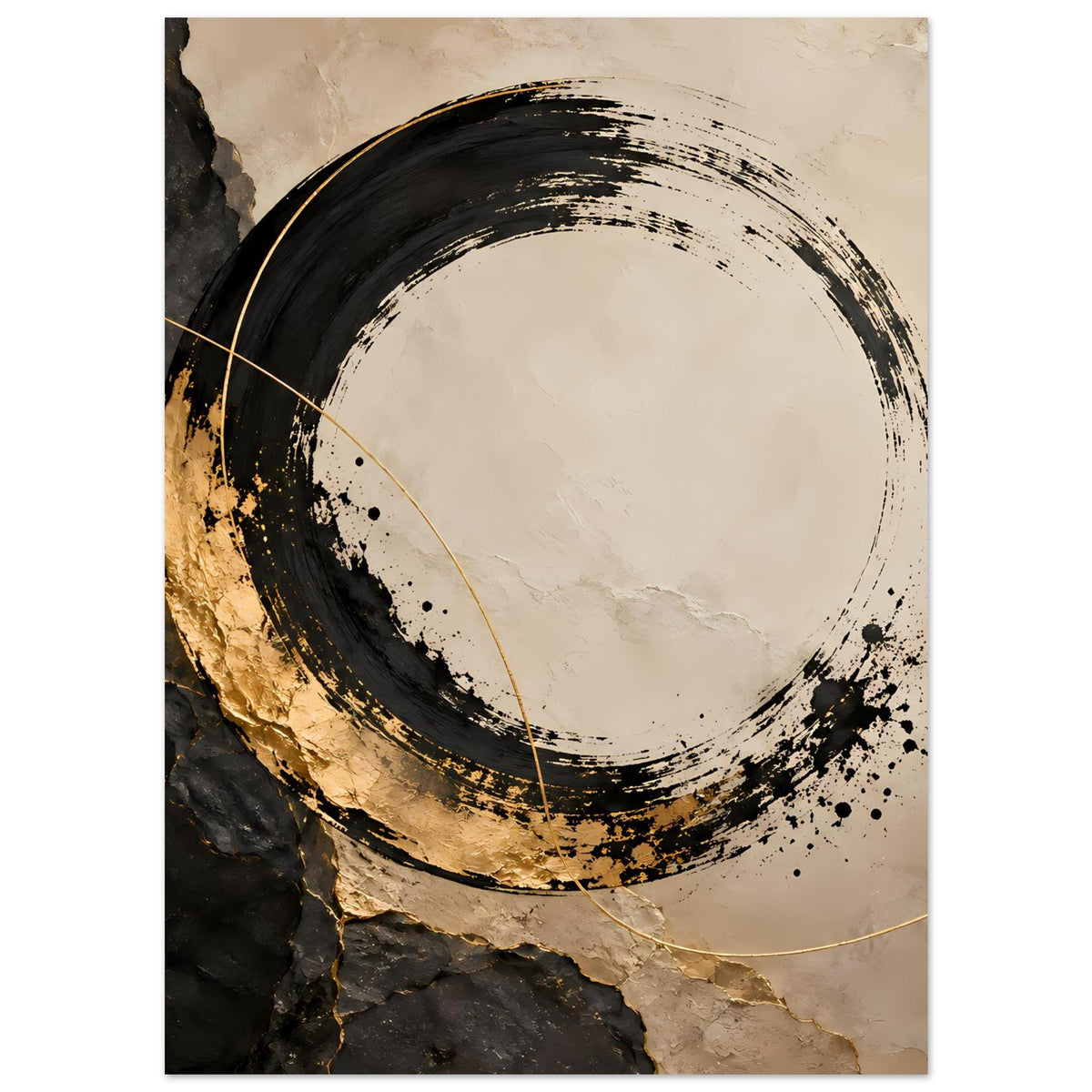 Abstraktes Kunstposter mit schwarzem Ring, goldenen Sprenkeln und dünner goldener Schnur