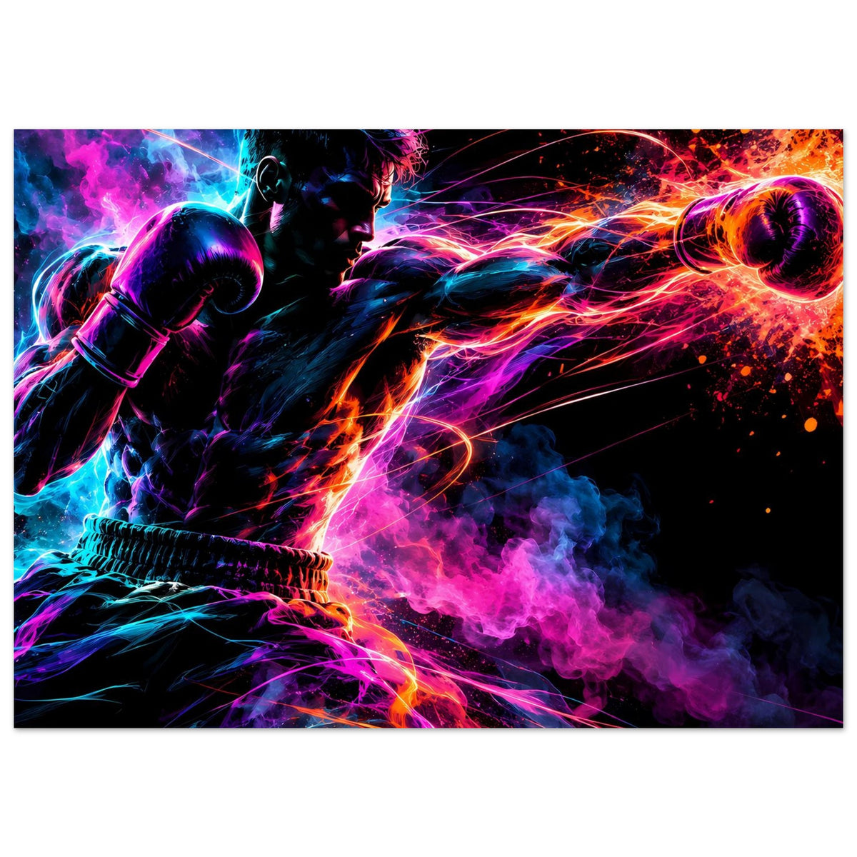 Neon-Boxer-Poster, horizontal: Kämpfer-Actionmotiv mit Rauch und bunten Lichtbahnen.