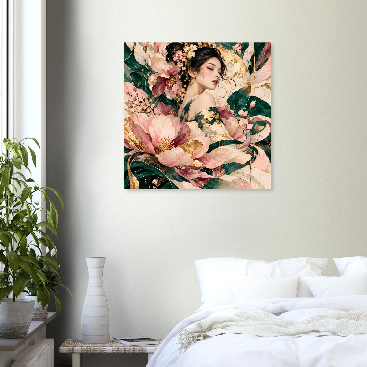 Poster mit floraler Frauenillustration in Rosé, Grün und Gold