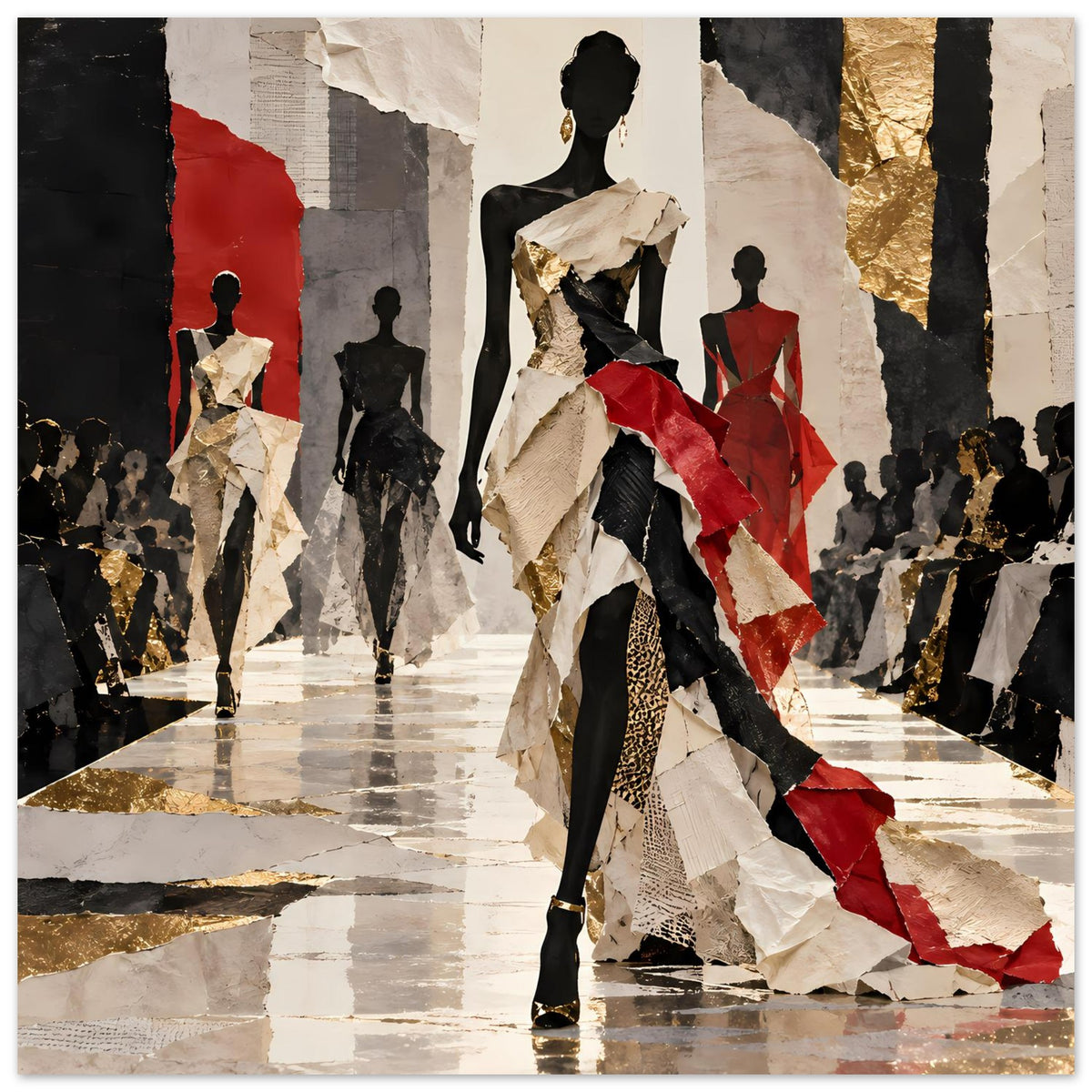 Modeposter mit mehreren Models im Laufsteg, rote und goldene Farbfelder, schwarze Silhouetten