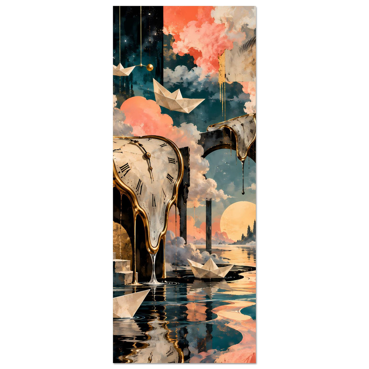 Poster im Hochformat: goldene Taschenuhr, Augen und Wolken über Wasserreflexen