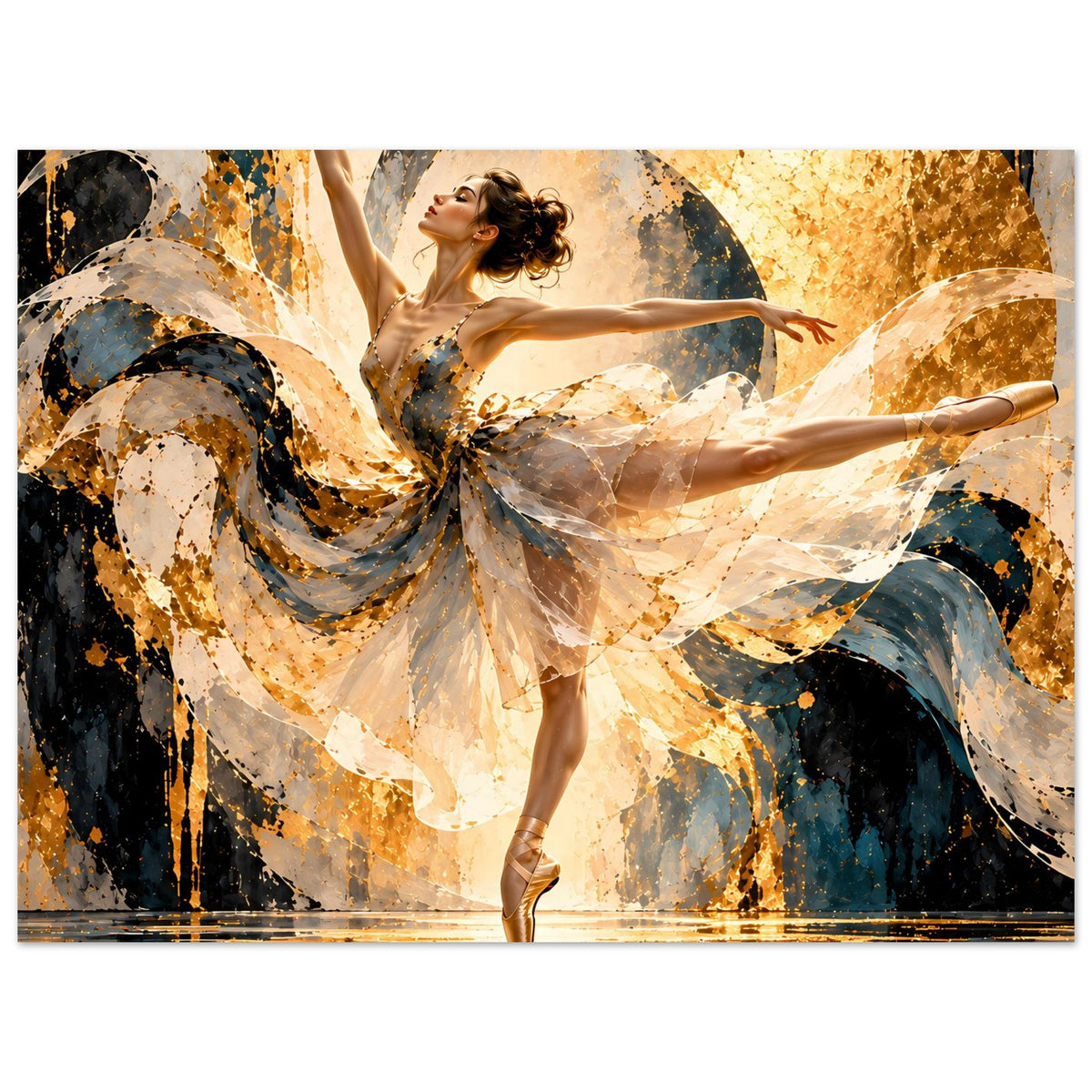 Ballettposter: tanzende Ballerina im beigen, goldenen Kleid, großer abstrakter Farbsturm