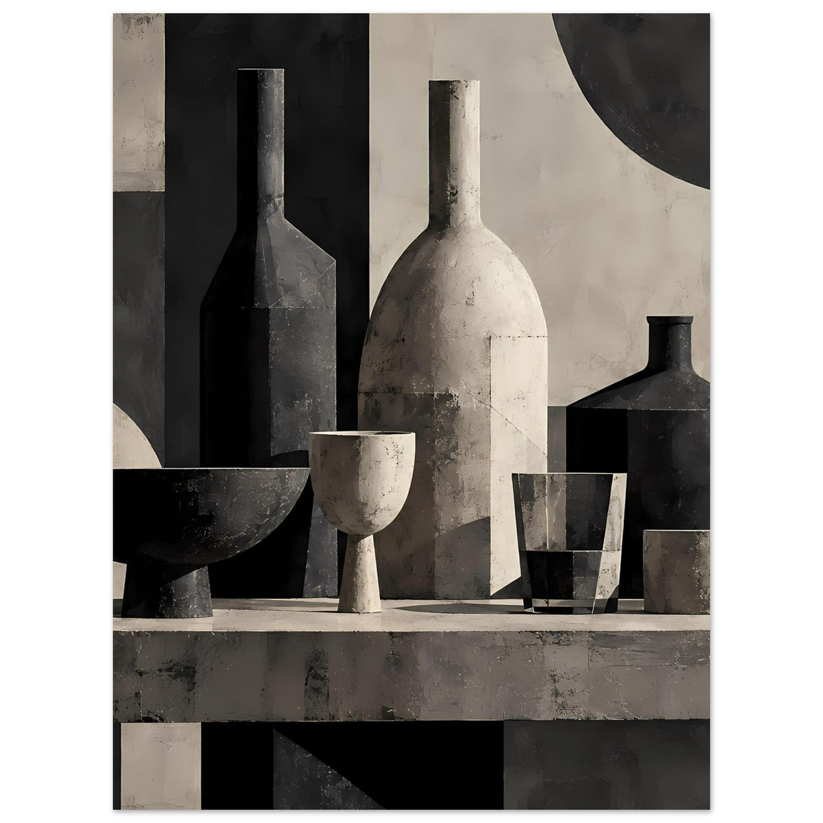 Still-Life-Poster: große Flasche, kleine Vase und Becher vor geometrischem Hintergrund
