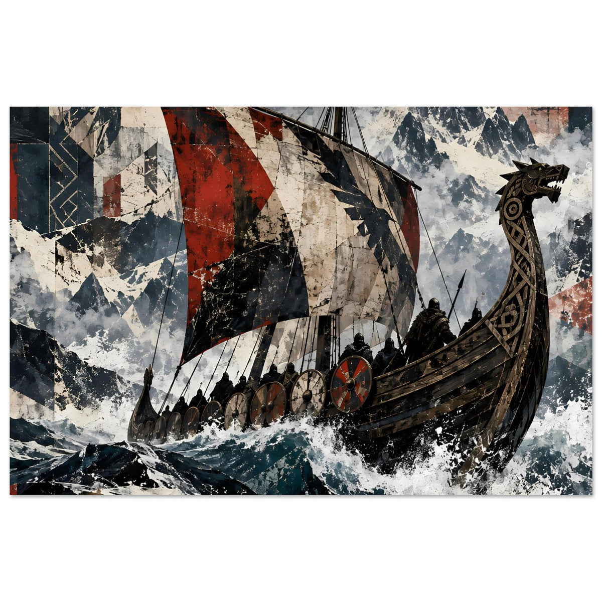 Wikingerschiff-Poster: Langschiff über Wellen mit Ruderreihen, horizontal